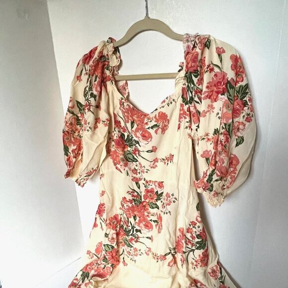 Faithfull The Brand Midi Dress Cream Pink Floral Short Puff Sleeve ALine Bronte - Picture 4 of 13